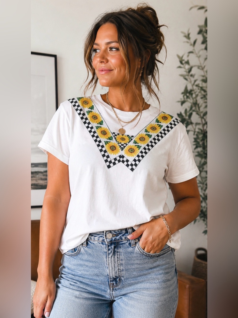 Vintage 90s Sunflower Checkerboard Graphic Tee Retro White T-Shirt size XL